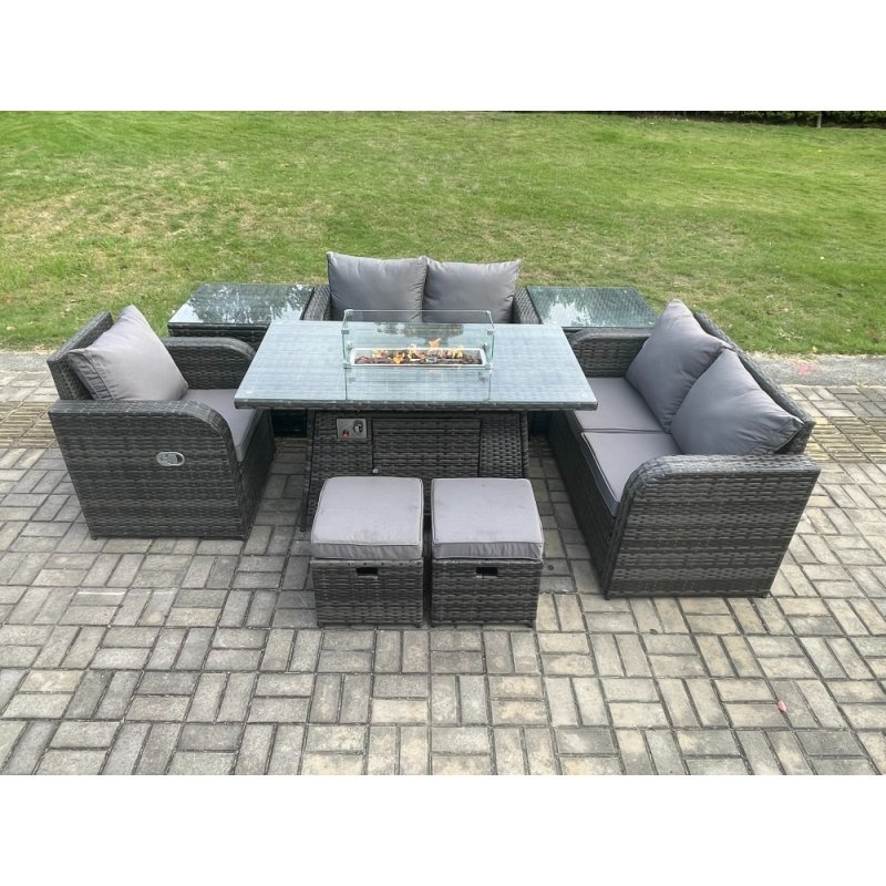 Fimous Outdoor Sofa Rattan Garden Furniture Set Patio Gas Fire Pit Dining Table and Reclining Chair set with 2 Side Tables 2 Small Footstools Dark Grey Mixed