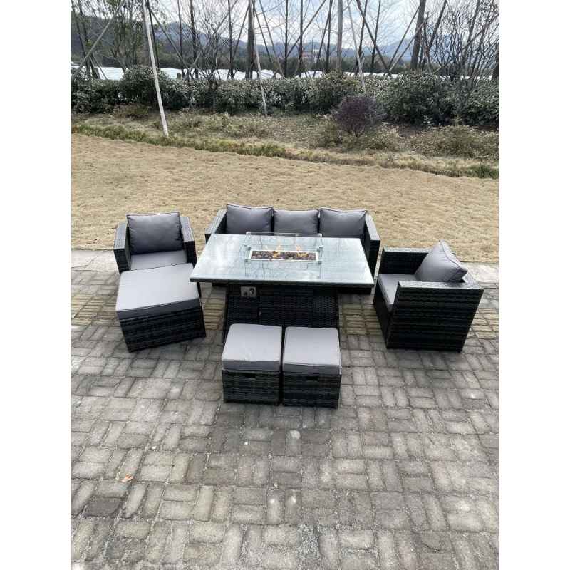 Fimous Outdoor PE Rattan Garden Furniture Gas Fire Pit Dining Table Armchairs With 3 Stools Dark Grey Mixed