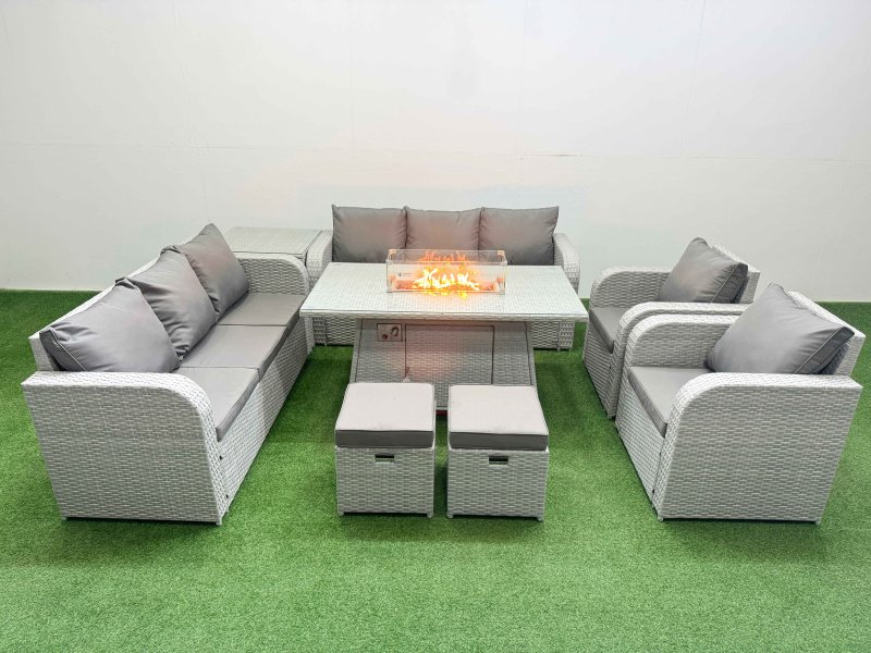 Fimous PE Rattan High Back Lounge Sofa Set Patio Firepit Dining Table & Chairs Set with 3 Seater Sofa Reclining Chair Stools Side Table Light Grey