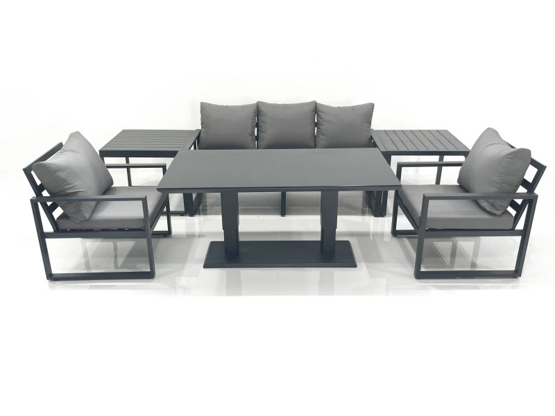 Fimous Outdoor Aluminium Garden Furniture Set with Adjustable Rising Lifting Dining Table 3 Seater Sofa 2 Chair 2 Side Tables Dark Grey