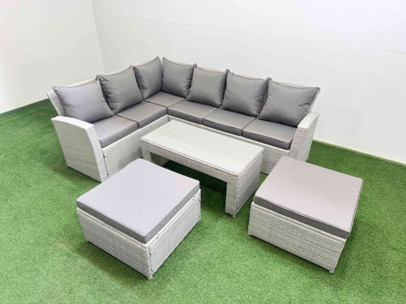 Fimous Rattan Garden Furniture Set Outdoor 8 Seater Corner Sofa Sets with Oblong Coffee Table 2 Big Footstools Light Grey Mixed