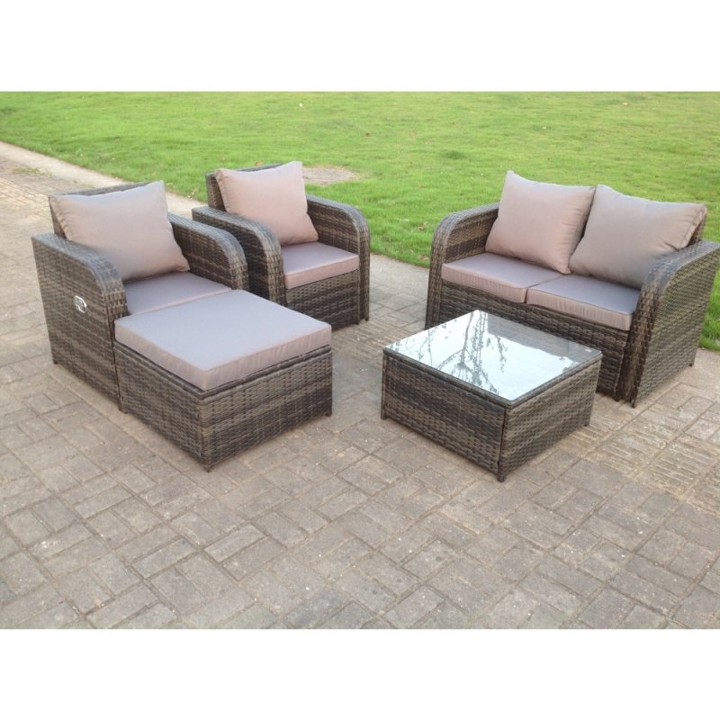 Fimous PE Rattan Garden Furniture Set Adjustable Chair Sofa Double Love Seat 2 Seater Sofa Square Coffee Table With Big Footstool