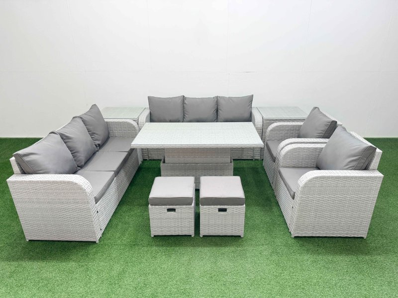 Fimous PE Rattan High Back Lounge Sofa Set Patio Adjustable Lifting Dining or Coffee Table & Chairs Set with 3 Seater Sofa Reclining Chair Stools 2 Side Table Light Grey