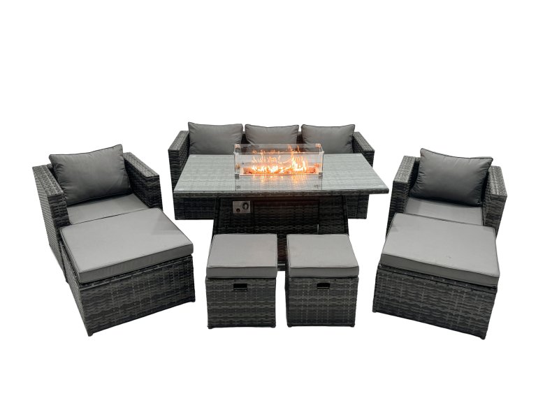 Fimous Rattan Garden Furniture Firepit Dining Set 9 Seater Lounge Sofa Table Set with 2 big Footstool
