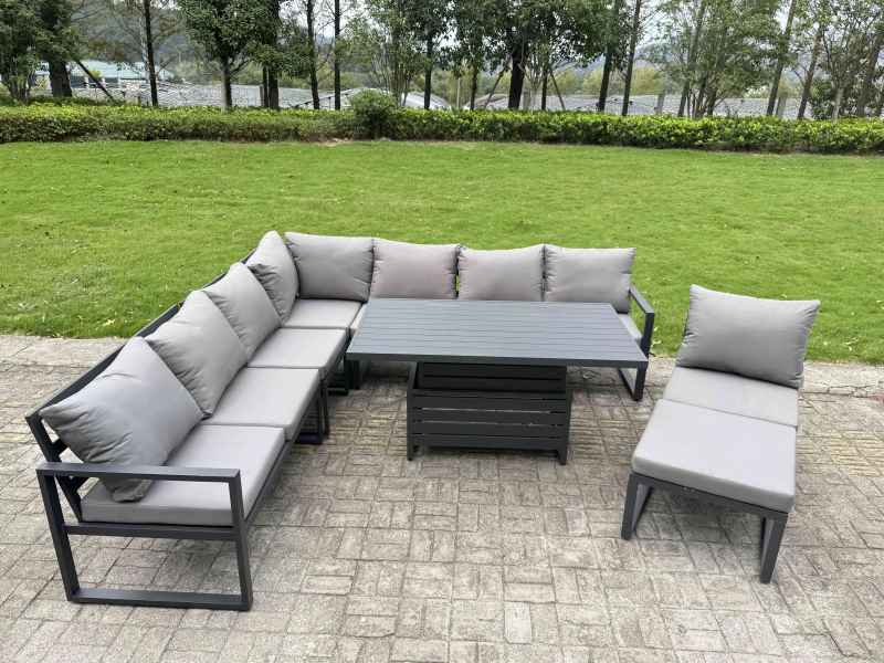 Fimous 9 Pieces Aluminium Garden Furniture Set with Cushions, Patio Furniture Set with Adjustable Rising Lifting Dining Table 2 Small Footstools Dark Grey