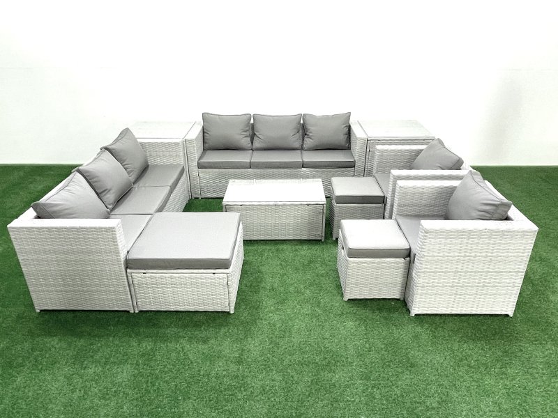 Fimous Outdoor Rattan Sofa Garden Furniture Set with 2 Armchairs Oblong Coffee Table 3 Footstools 2 Side Tables Light Grey Mixed