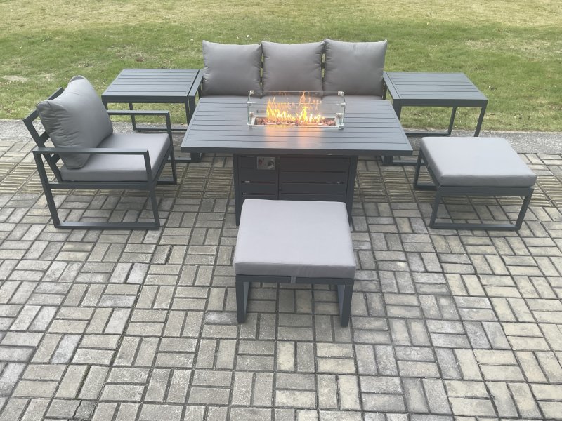 Fimous Aluminium 7 Pieces Garden Furniture Sofa Set with Cushions Gas Fire Pit Dining Table Set with 2 Big Footstools 2 Side Tables Dark Grey