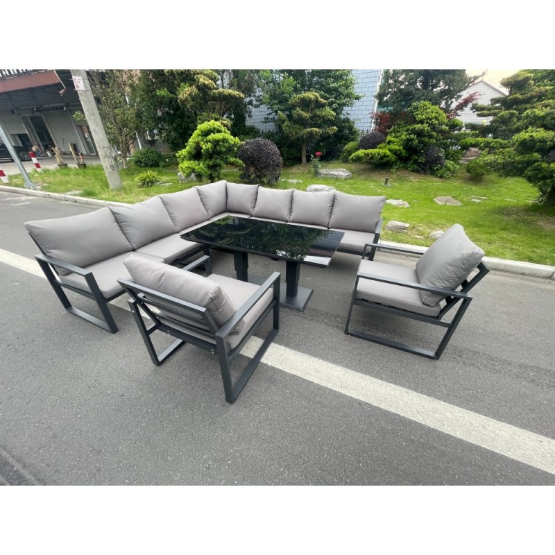 Fimous Aluminum Outdoor Garden Furniture Corner Sofa 2 Arm Chair Adjustable Rising Lifting Dining Table Sets Dark Grey 9 Seater
