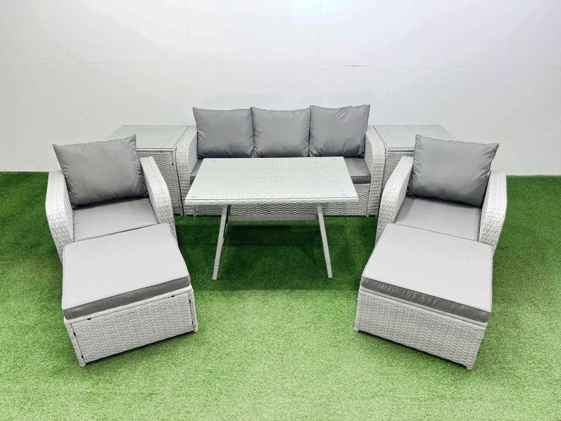 Fimous Reclining Chair 3 Seat Sofa Set Garden Furniture Set with Rectangular Dining Table 2 Side Tables 2 Big Footstools Light Grey