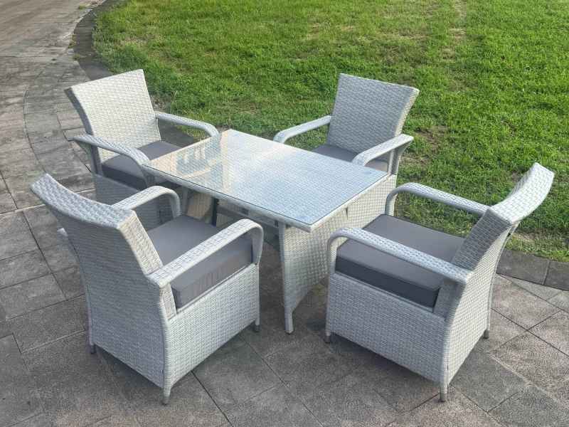 Fimous Light Grey Rattan Rectangular Dining Table and 4 Chairs Set Outdoor Garden furniture Set with Seat Cushion