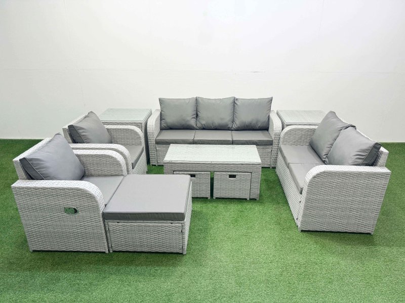 Fimous PE Rattan Garden Furniture Set Adjustable Chair Sofa Double Love Seat 2 Seater Sofa Lounge Set Rectangular Coffee Table 3 Stools 2 Side Table Light Grey