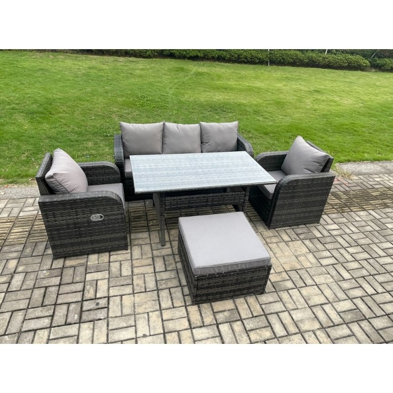 Fimous Wicker PE Rattan Garden Furniture Set Outdoor Rectangular Dining Table and Chair Sofa Set With Big Footstool Dark Grey Mixed