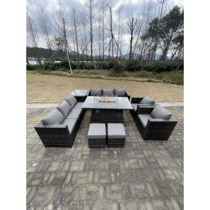 Fimous 10 Seater?Outdoor Lounge Rattan Sofa Set Garden Furniture Gas Firepit Set Dining Table With Chair Coffee Table Stools Dark Grey Mixed