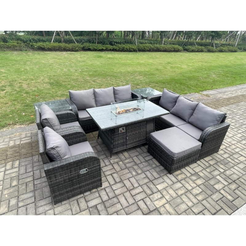Fimous Wicker Rattan Garden Furniture Set Gas Fire Pit Dining Table Indoor Outdoor with 2 Side Tables Chair Loveseat Sofa Big Footstool