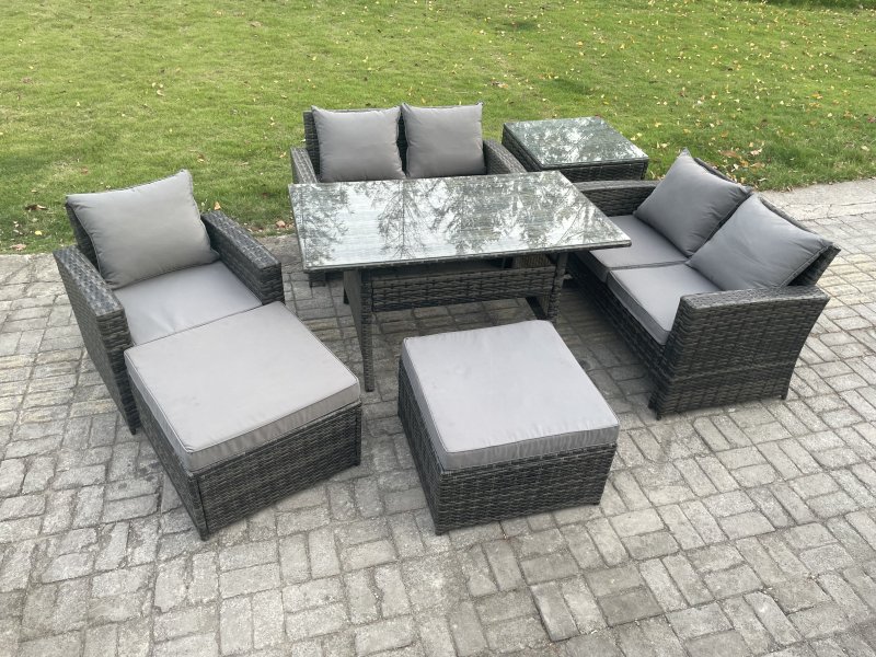 Fimous Outdoor Garden Dining Set Wicker PE Rattan Furniture Sofa with Rectangular Dining Table Double Seat Sofa Side Table 2 Big Footstool Dark Grey Mixed