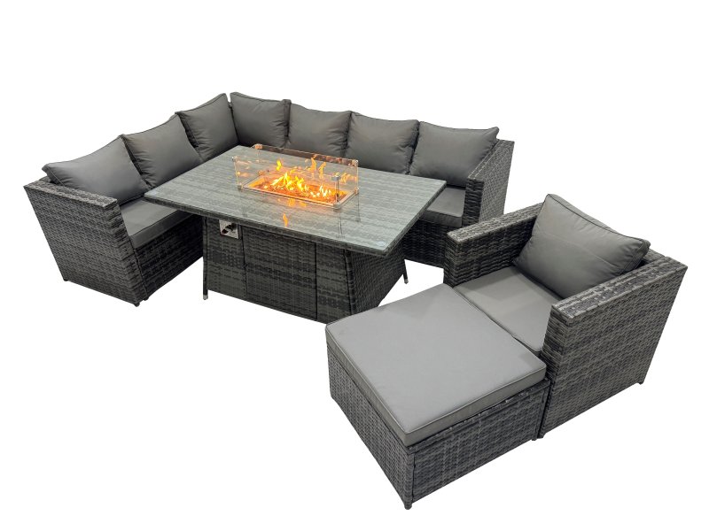 Fimous Rattan Garden Furniture Dining Set 8-seater Gas Firepit Dining Table Corner Sofa Set with Big Stool Dark Grey Mixed