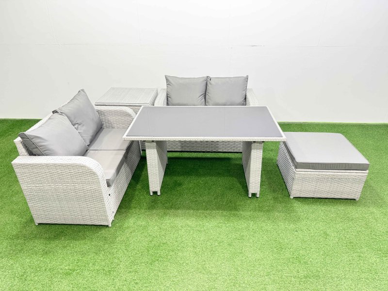 Fimous 5 Pieces Outdoor PE Rattan Sofa Set Patio Garden Furniture Sets with Cushions Side Table Big Stool Light Grey