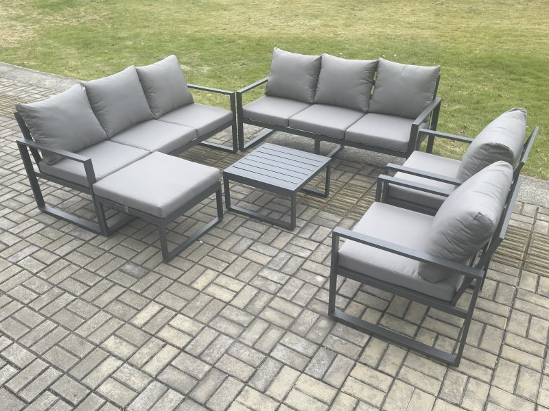 Fimous Aluminium Patio Outdoor Garden Furniture Lounge Sofa Set with Square Coffee Table 2 Chairs Big Footstool Dark Grey