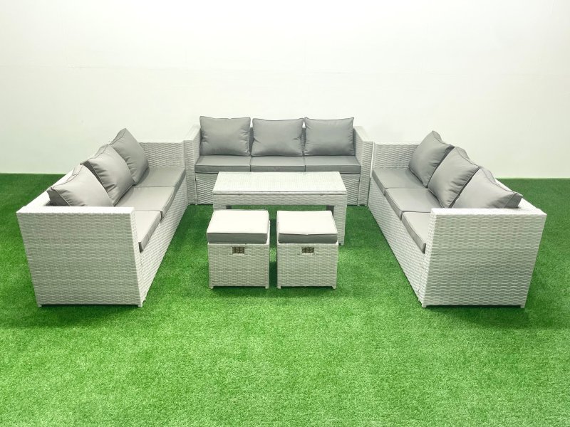 Fimous Rattan Garden Outdoor Furniture Set 11 Seater Garden Sofa Oblong Coffee Table Set with 2 Small Footstool Light Grey Mixed