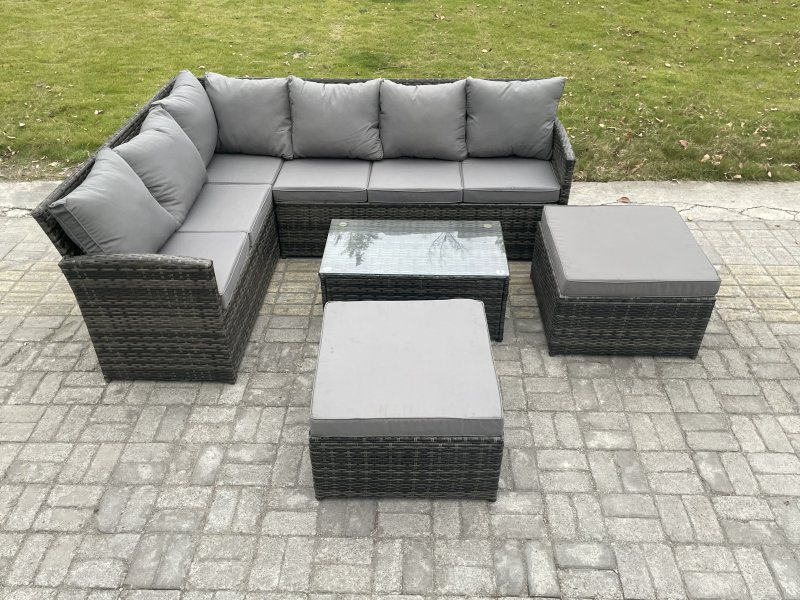 Fimous 8 Seater Rattan Lounge Corner Sofa Set Wicker PE Outdoor Garden Furniture Set with Coffee Table 2 Big Fotstools Dark Grey Mixed