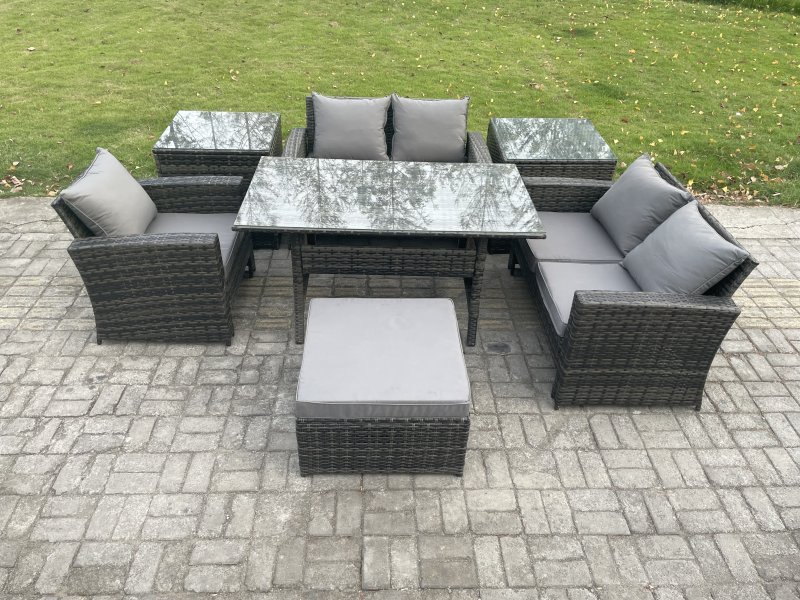Fimous Wicker Rattan Garden Dining Set Outdoor Furniture Sofa with Dining Table Double Seat Sofa 2 Side Tables Big Footstool Dark Grey Mixed