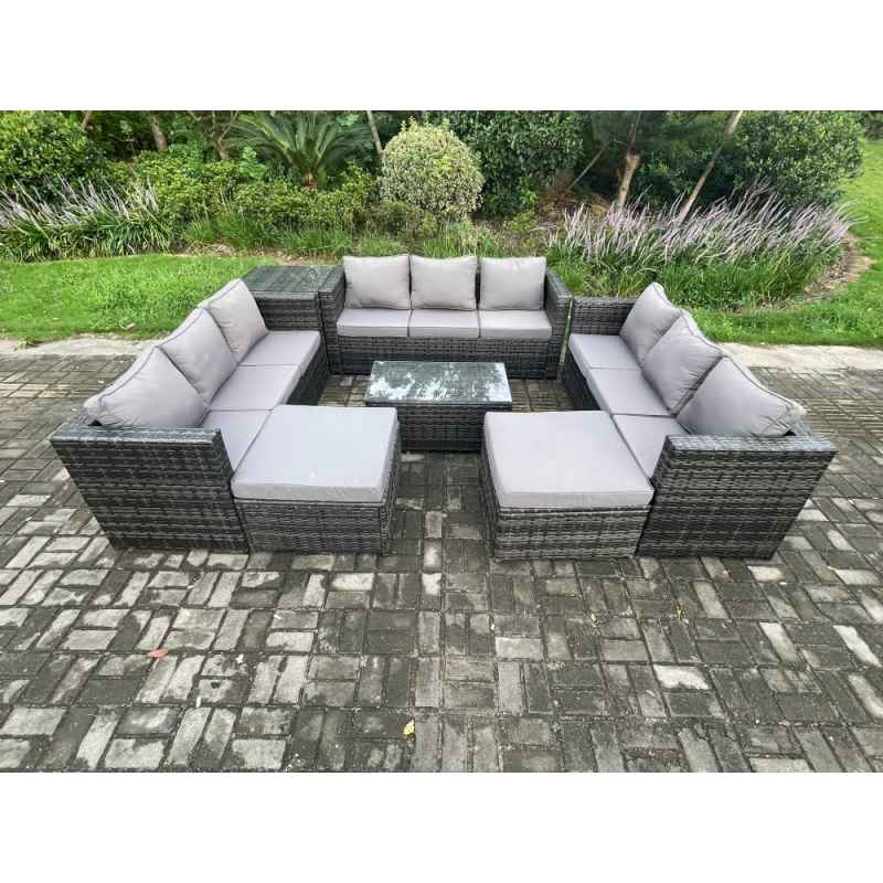 Fimous Outdoor Lounge Sofa Set Wicker PE Rattan Garden Furniture Set with Oblong Coffee Table Side Table 2 Big Footstool 11Seater Dark Grey Mixed