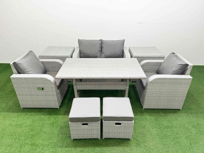 Fimous Light Grey PE Wicker Rattan Garden Furniture Set Sofa Set Reclining Chair Rectangular Dining Table 6 Seater 2 Small Stools 2 Side Table
