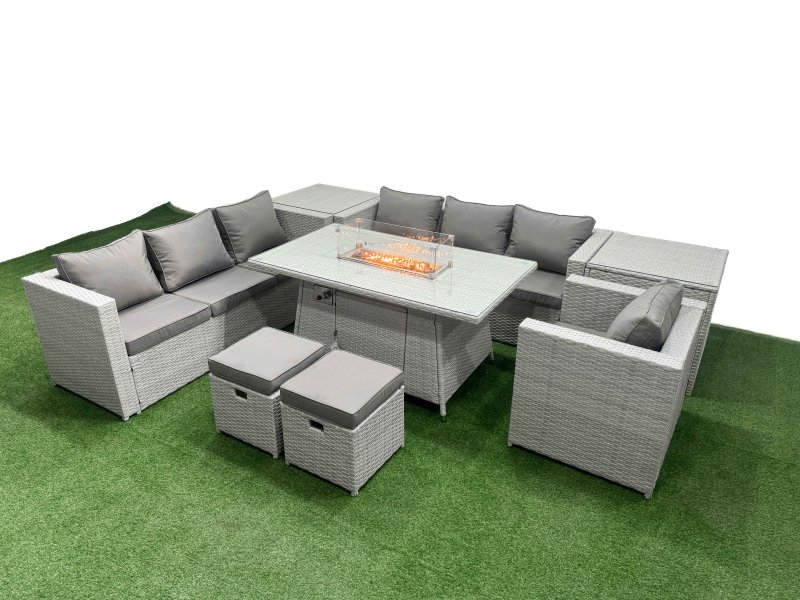 Fimous 9 Seat PE Rattan Lounge Sofa Set Outdoor Garden Furniture Set with Firepit Dining Table 3 Seater Sofa 2 Small Stools 2 Side Tables Light Grey