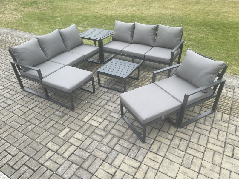 Fimous Aluminium Outdoor Lounge Sofa Set Garden Furniture Sets with Square Coffee Table Chair 2 Big Footstools Side Table Dark Grey