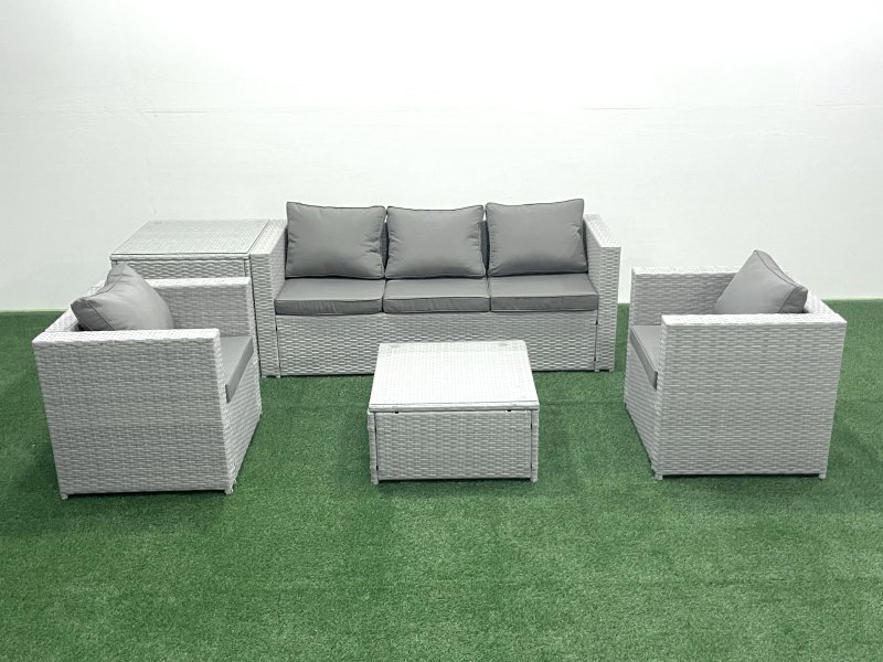 Fimous 5 Seater Rattan Garden Furniture Set with 3 Seater Sofa 2 Chair Square Coffee Table Side Table Light Grey Mixed
