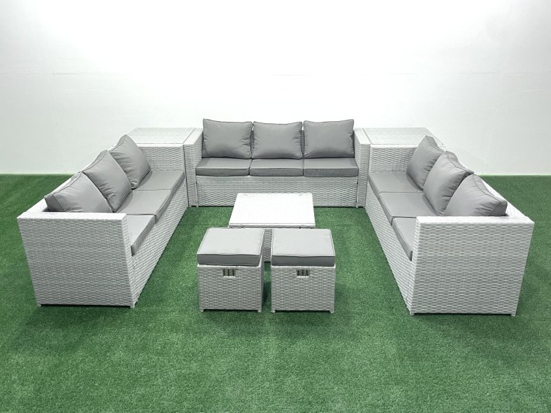 Fimous Rattan Garden Outdoor Furniture Set 11 Seater Rattan Garden Sofa Set with 2 Small Footstool 2 Side Tables Light Grey Mixed
