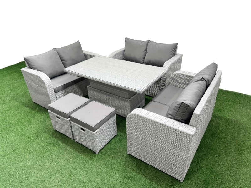 Fimous 8 Seater PE Wicker Rattan Furniture Sofa Sets with Adjustable Lifting Dining or Coffee Table 2 Seater Love Sofa 2 Stool Light Grey