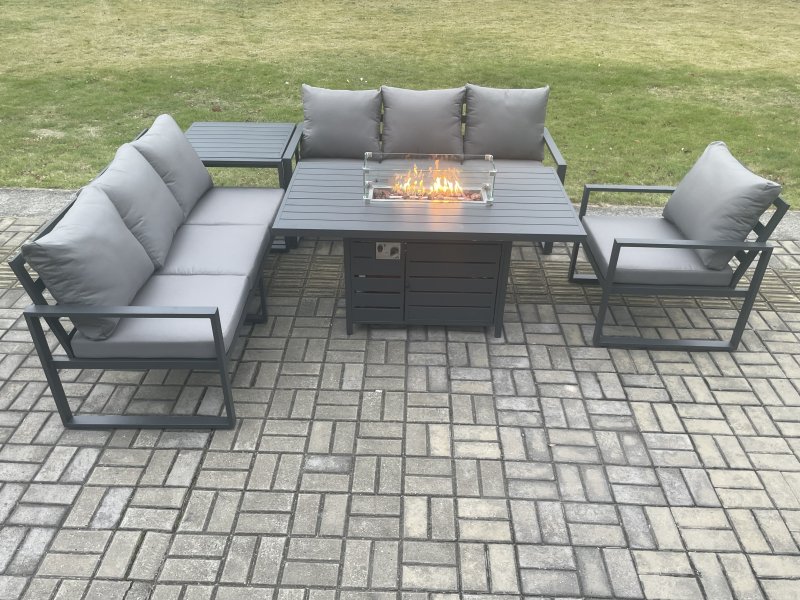 Fimous Aluminium Outdoor Lounge Sofa Garden Furniture Sets Gas Fire Pit Dining Table Set with Side Table Dark Grey