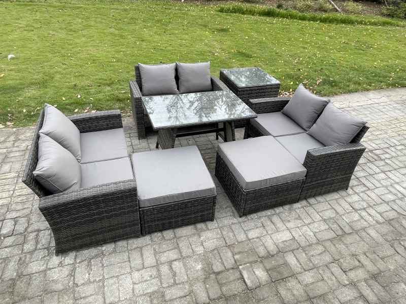 Fimous Outdoor Lounge Sofa Set Wicker PE Rattan Garden Furniture Set with Rectangular Dining Table 2 Seat Sofa 2 Big Footstool Side Table Dark Grey Mixed