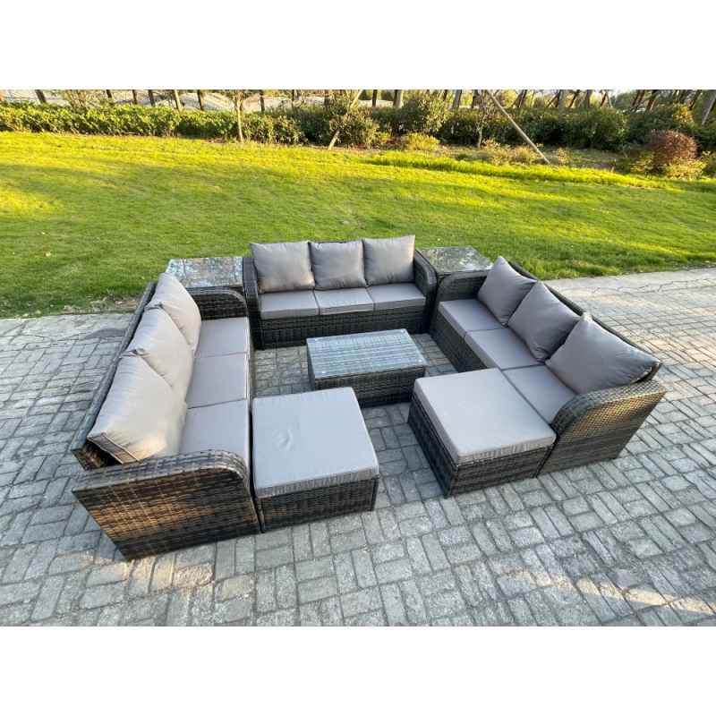 Fimous Outdoor Garden Furniture Sets 11 Seater Wicker Rattan Furniture Sofa Sets with Rectangular Coffee Table 3 Seater Sofa 2 Side Tables 2 Big Footstool Dark Grey Mixed