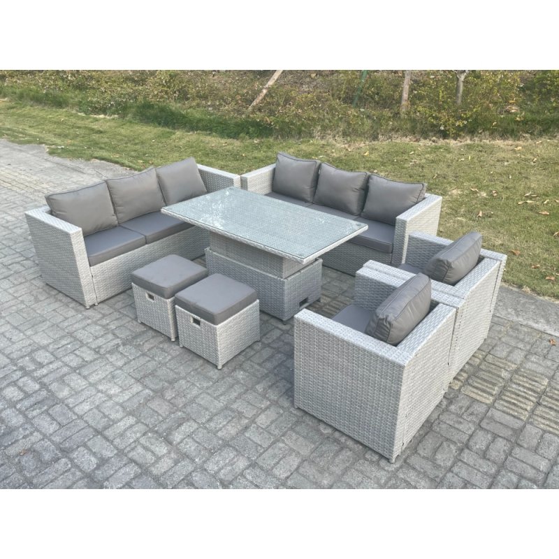 Fimous Rattan Garden Funiture Set Adjustable Rising Lifting Table Sofa Dining Set Lounge Sofa 2 Arm Chair Stool