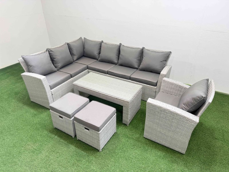 Fimous Rattan Garden Furniture Set Outdoor 9 Seater Corner Sofa Sets with Oblong Coffee Table Chair 2 Small Footstools Light Grey Mixed
