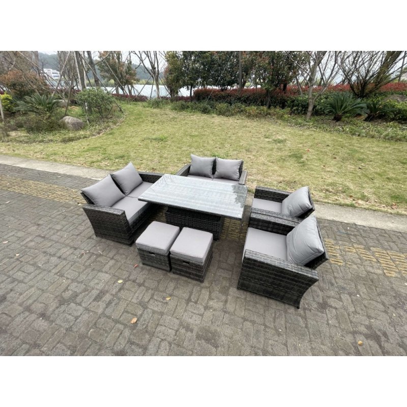 Fimous Rattan Outdoor Furniture Adjustable Rising Lifting Rectangle Dining Table Chairs Two Seater Love Sofa Sets Footstools 8 Seater