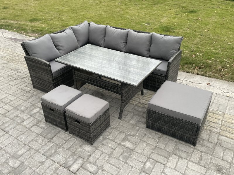 Fimous 9 Seater Outdoor Rattan Garden Furniture Set with Rectangular Dining Table 3 Footstools Patio Wicker Corner Sofa Set Dark Grey Mixed