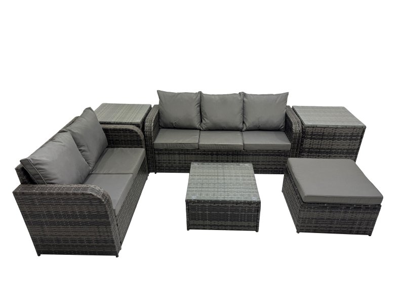 Fimous Wicker PE Rattan Garden Outdoor Furniture Set Love Sofa Square Coffee Table Set with Big Stool 2 Side Tables Dark Grey Mixed