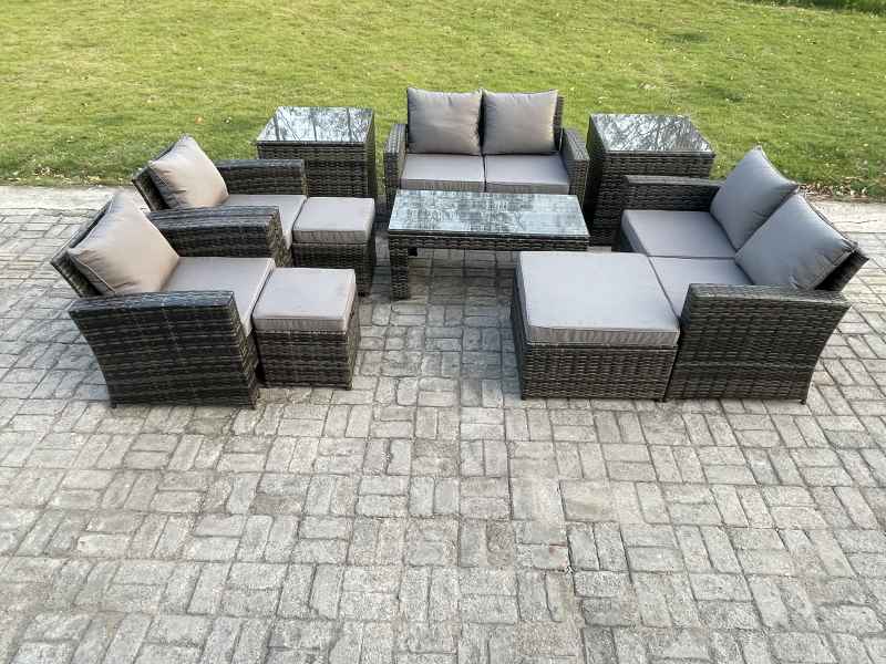 Fimous 9 Seater Dark Grey Mixed High Back Rattan Sofa Set Coffee Table Garden Furniture Outdoor Patio With Love Sofa Arm Chairs 3 Footstools 2 Side Tables