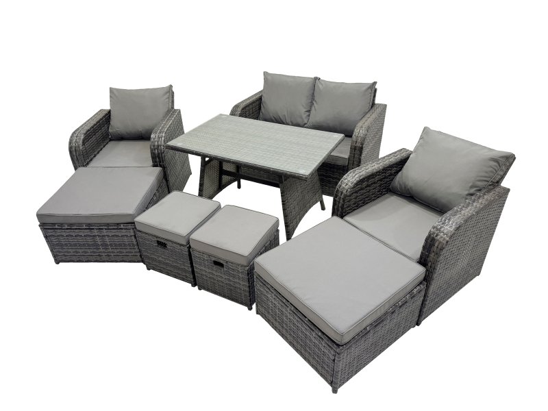 Fimous 8 Seater Garden Outdoor Rattan Furniture Set Rattan Sofa Oblong Dining Table with 2 Big Stools Dark Grey