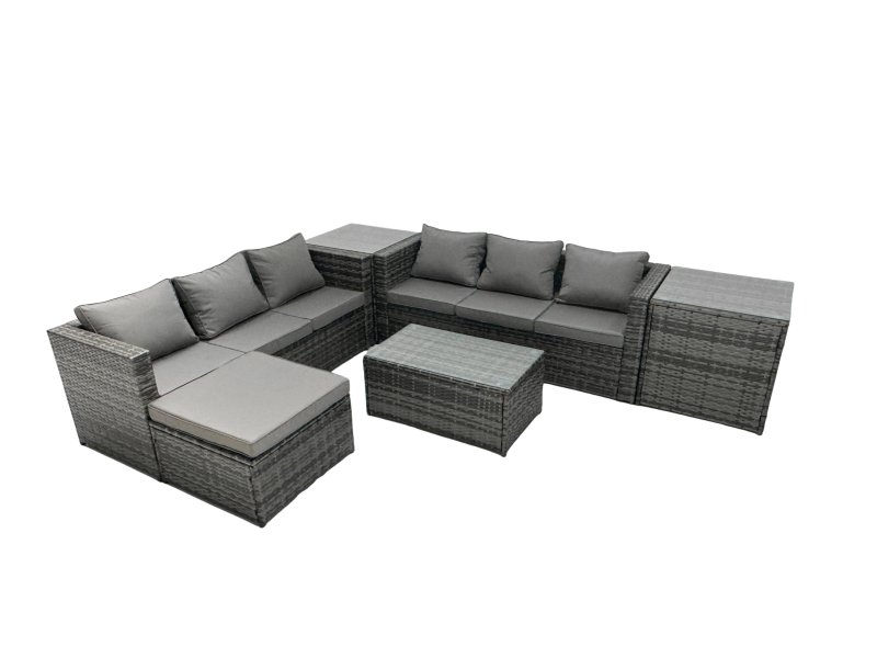 Fimous Rattan Garden Furniture Dining Set 7-seater Patio Coffee Table Sofa Set with 2 Side Tables Big Footstool Dark Grey Mixed