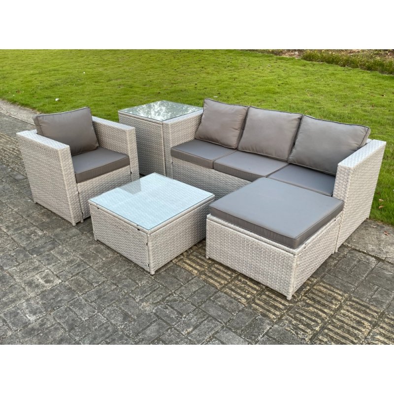 Fimous Light Grey Lounge Outdoor PE Rattan Garden Furniture Set Wicker Sofa Set Square Coffee Table Armchair Side Tea Table