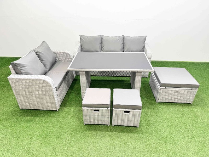 Fimous Garden Furniture Set PE Ratten Garden Sofa Set with Rectangular Dining Table 3 Stool Light Grey