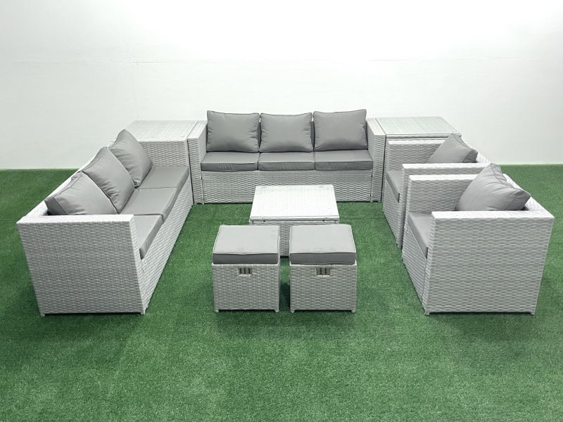 Fimous Outdoor Rattan Sofa Garden Furniture Set with 2 Armchairs Square Coffee Table 2 Small Footstools 2 Side Tables Light Grey Mixed