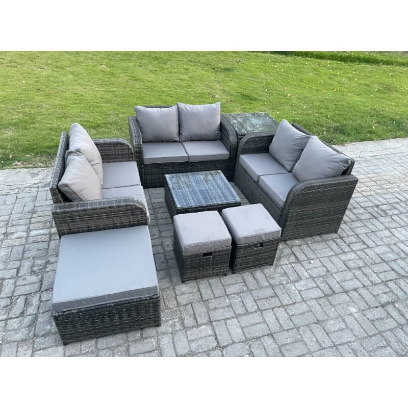 Fimous 9 Seater Outdoor Garden Furniture Sets Wicker Rattan Furniture Sofa Sets with Square Coffee Table Love seat Sofa 3 Footstools Side Table