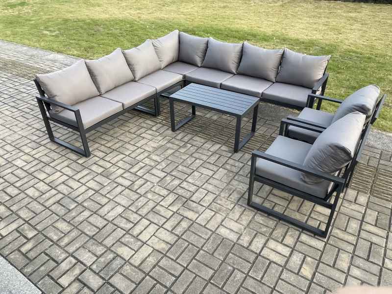 Fimous Aluminium Patio Outdoor Garden Furniture Lounge Corner Sofa Set with Oblong Coffee Table 2 Chairs Dark Grey