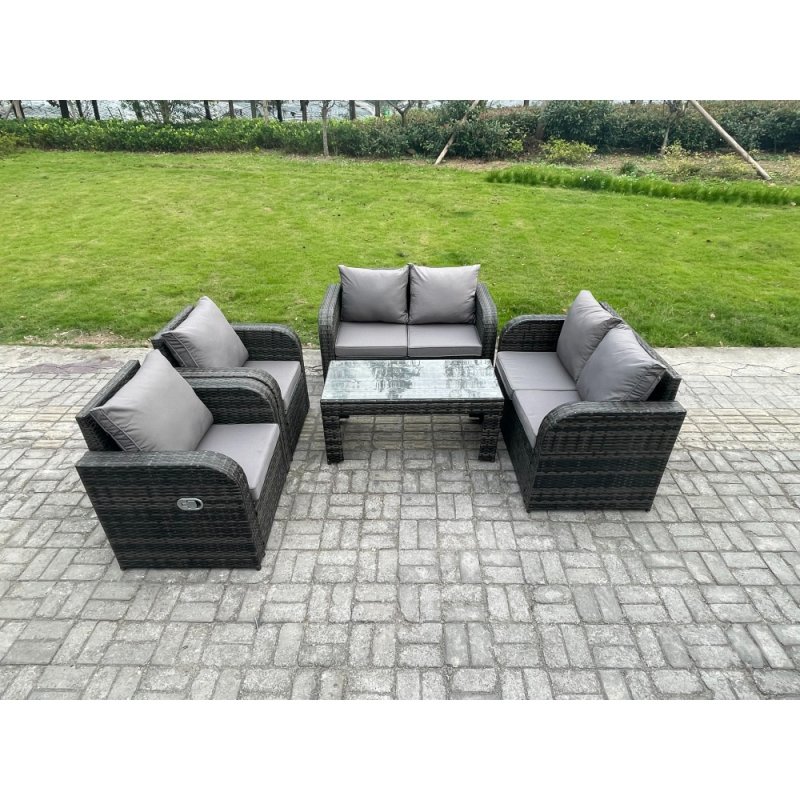 Fimous Patio Garden Furniture Sets Wicker 6 Seater Outdoor Rattan Furniture Sofa Sets with Rectangular Coffee Table Reclining Chair