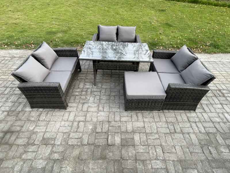 Fimous 7 Seater Rattan Wicker Garden Furniture Patio Conservatory Sofa Set Indoor Outdoor with Dining Table Double Seat Sofa Big Footstool